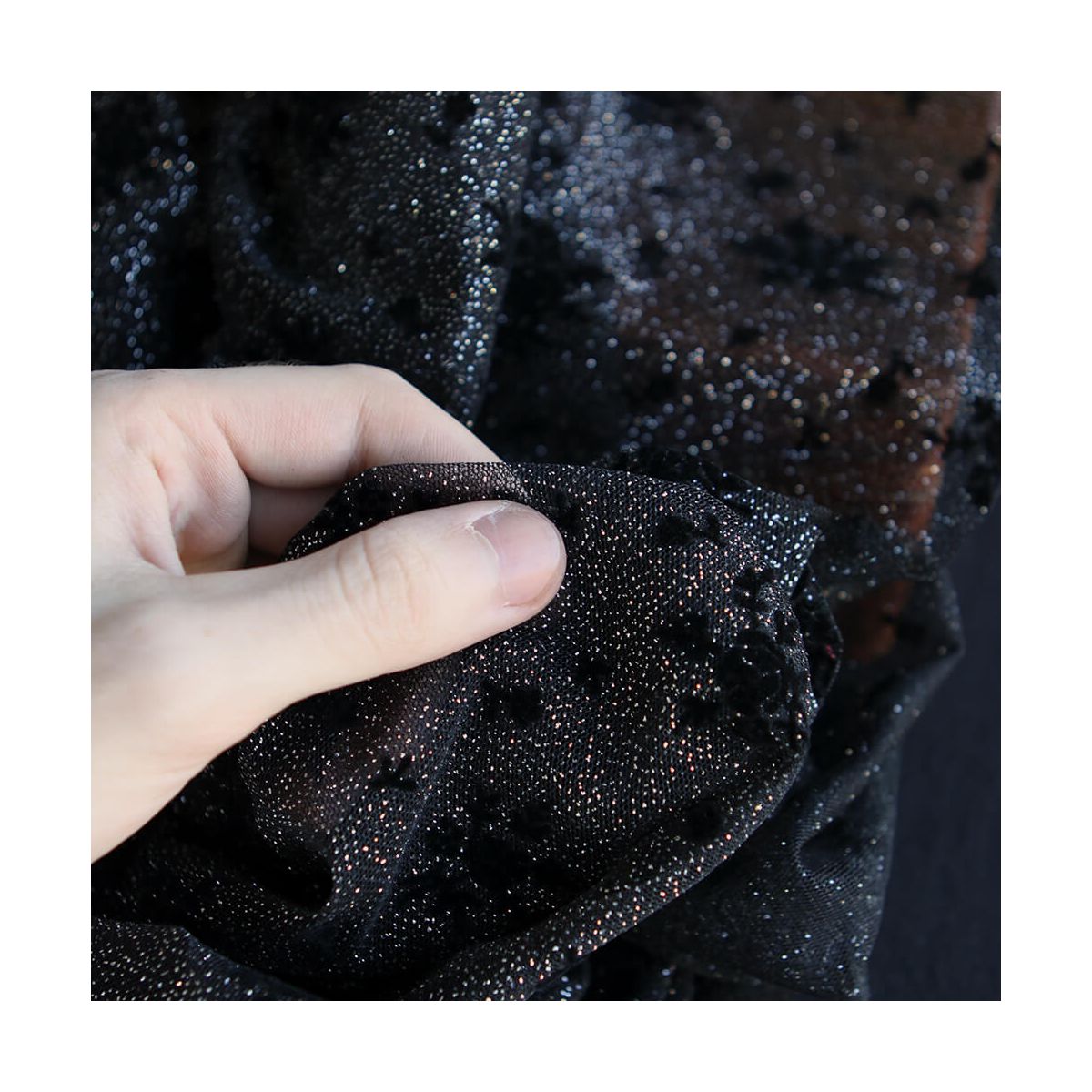 Tulle souple Made in France noir / argenté floqué fleurs velours noir