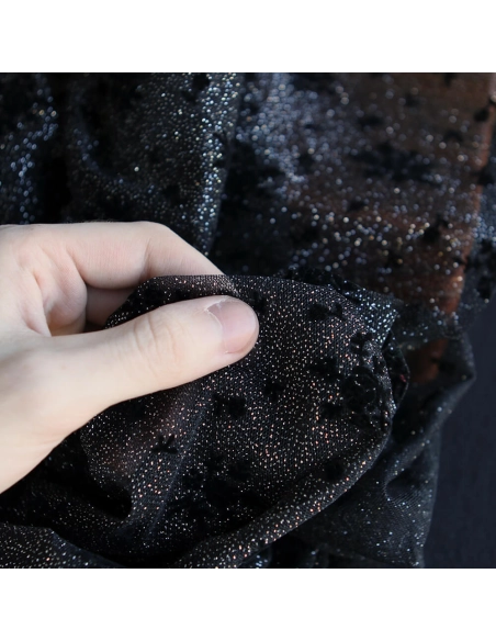 Tulle souple Made in France noir / argenté floqué fleurs velours noir