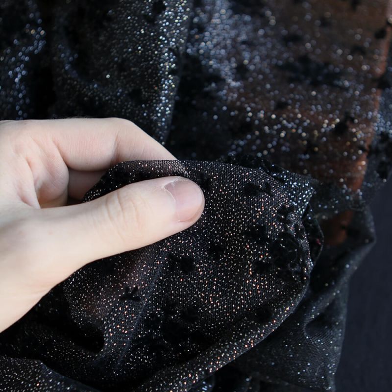 Tulle souple Made in France noir / argenté floqué fleurs velours noir