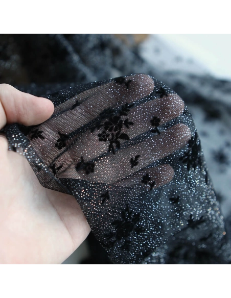 Tulle souple Made in France noir / argenté floqué fleurs velours noir