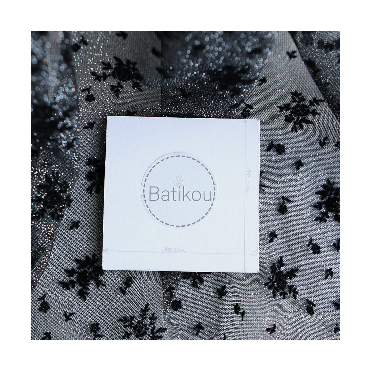 Tulle souple Made in France noir / argenté floqué fleurs velours noir