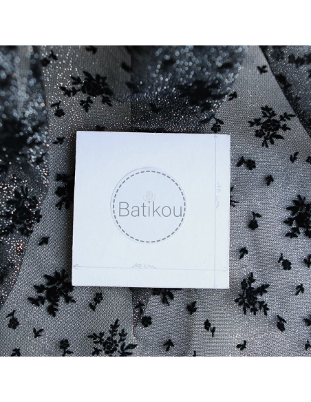 Tulle souple Made in France noir / argenté floqué fleurs velours noir