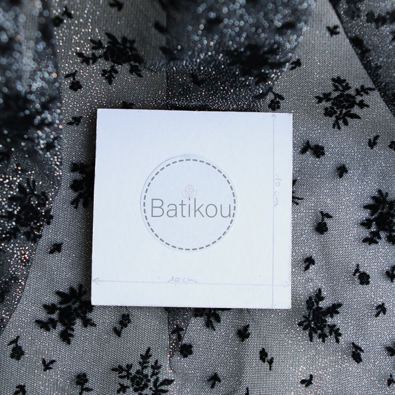 Tulle souple Made in France noir / argenté floqué fleurs velours noir