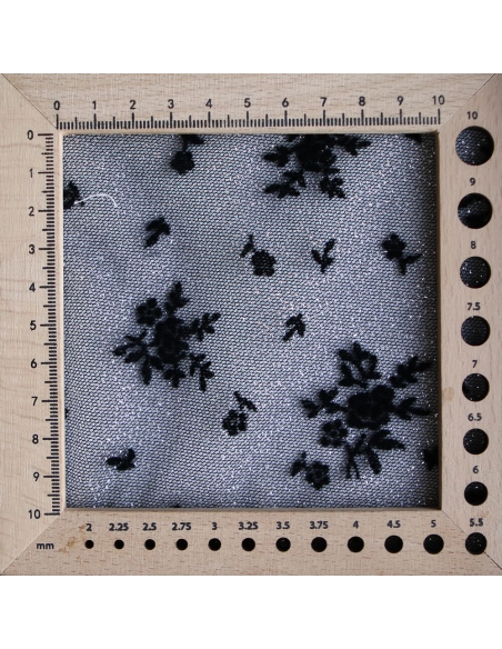 Tulle souple Made in France noir / argenté floqué fleurs velours noir
