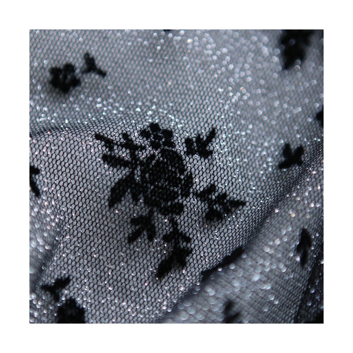 Tulle souple Made in France noir / argenté floqué fleurs velours noir