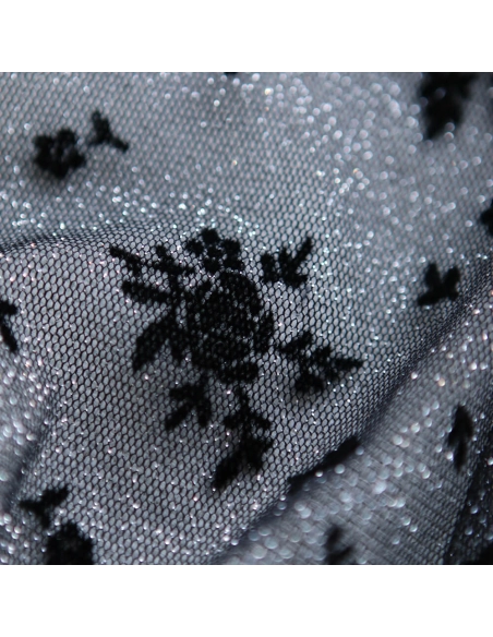 Tulle souple Made in France noir / argenté floqué fleurs velours noir