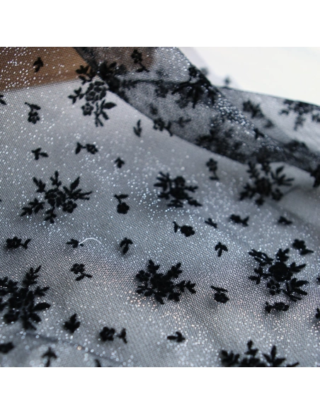 Tulle souple Made in France noir / argenté floqué fleurs velours noir