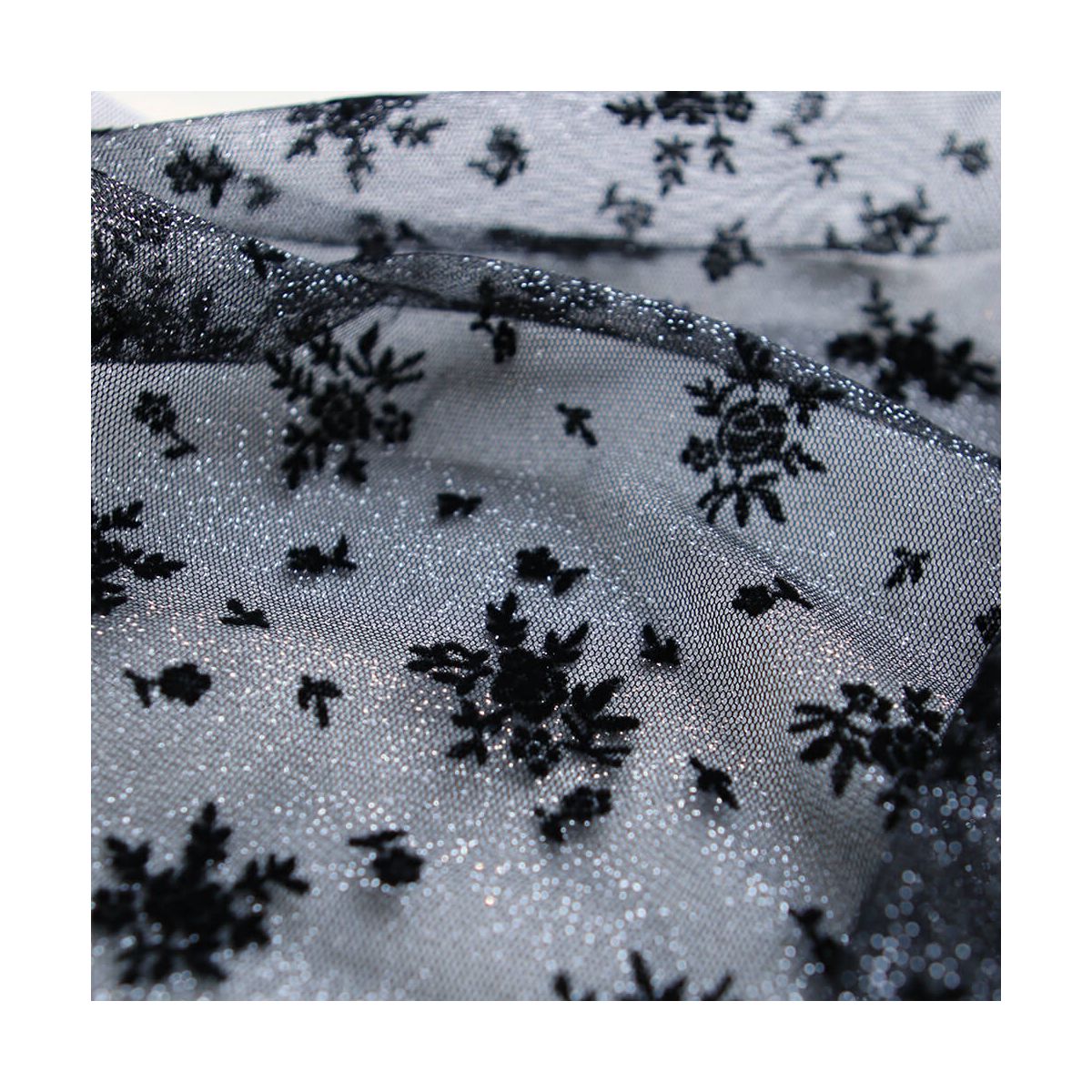 Tulle souple Made in France noir / argenté floqué fleurs velours noir