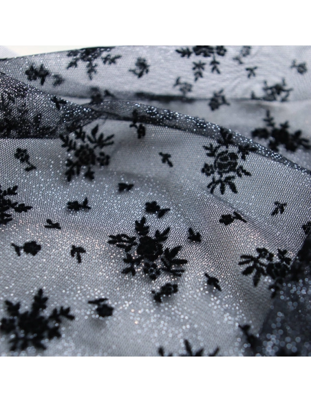 Tulle souple Made in France noir / argenté floqué fleurs velours noir
