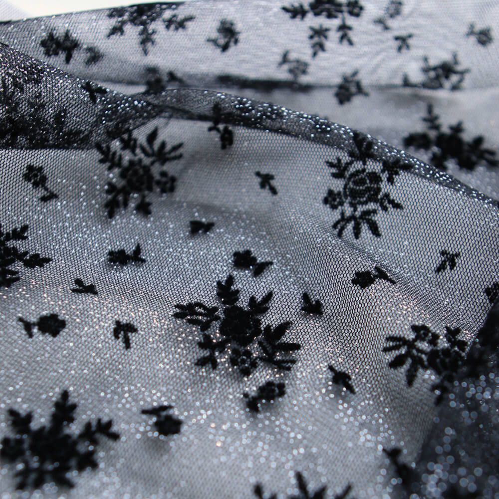 Tulle souple Made in France noir / argenté floqué fleurs velours noir