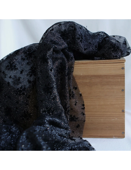 Tulle souple Made in France noir / argenté floqué fleurs velours noir