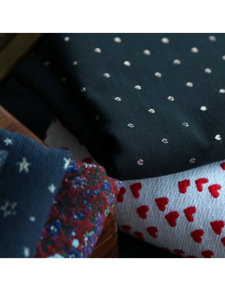 Tulle souple Made in France noir / argenté floqué fleurs velours noir