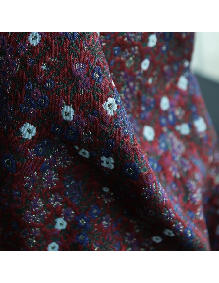 Azalée - Tissu jacquard fond rouge / fleuri bleu et doré made in France