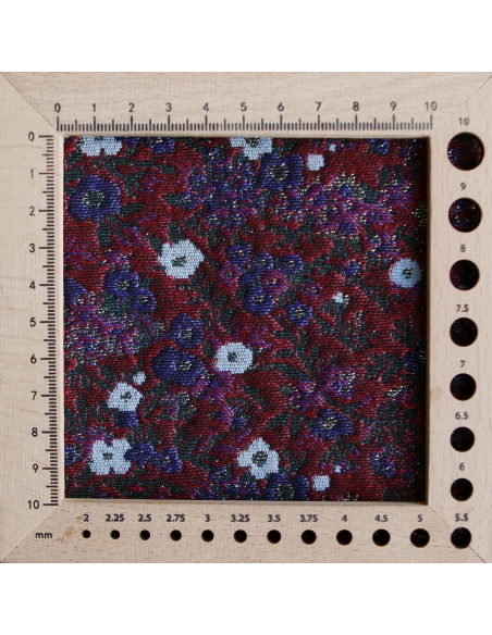 Azalée - Tissu jacquard fond rouge / fleuri bleu et doré made in France