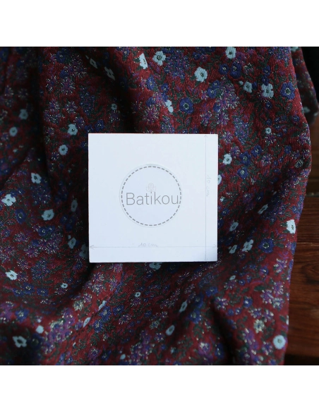 Azalée - Tissu jacquard fond rouge / fleuri bleu et doré made in France