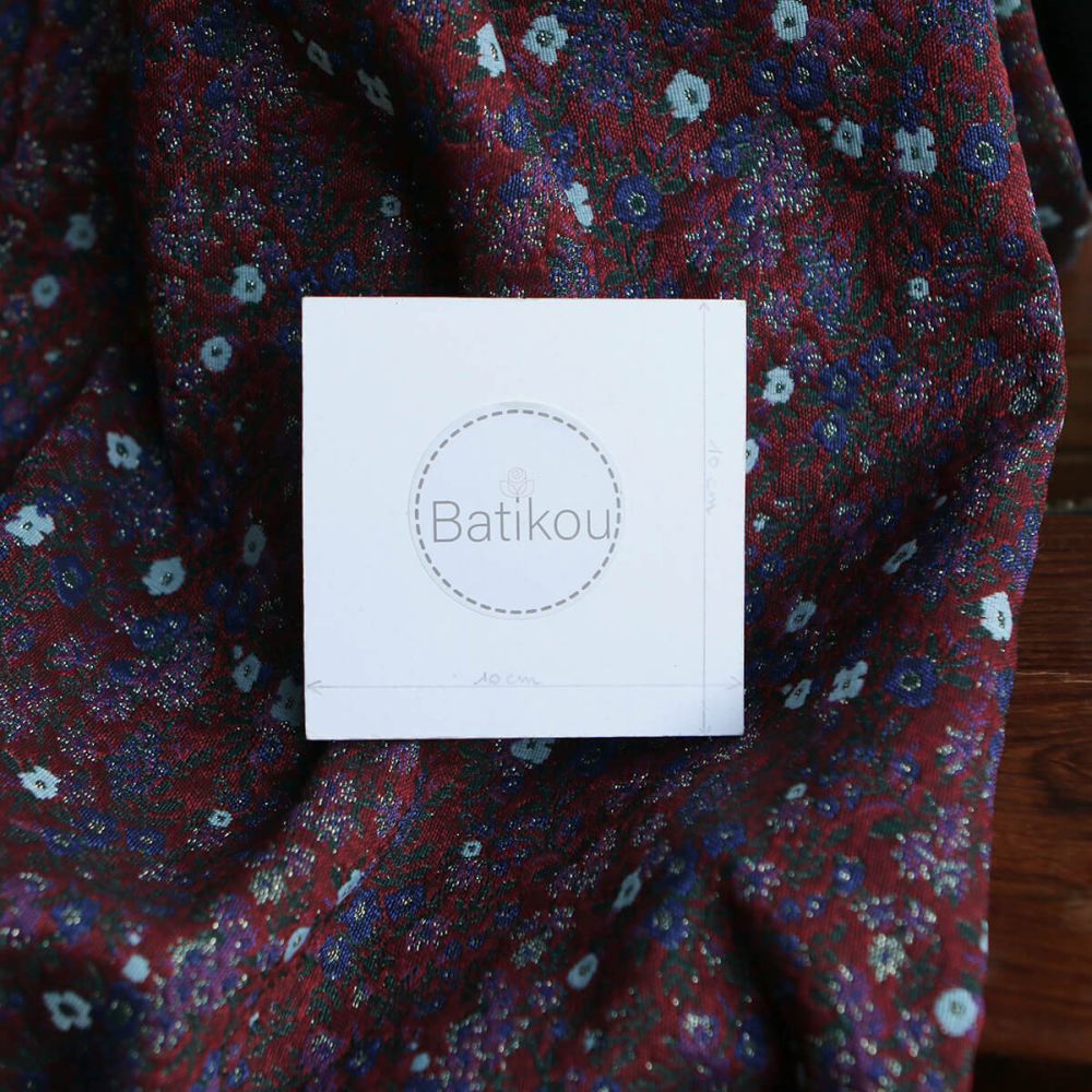 Azalée - Tissu jacquard fond rouge / fleuri bleu et doré made in France