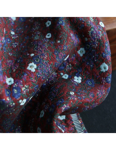 Azalée - Tissu jacquard fond rouge / fleuri bleu et doré made in France