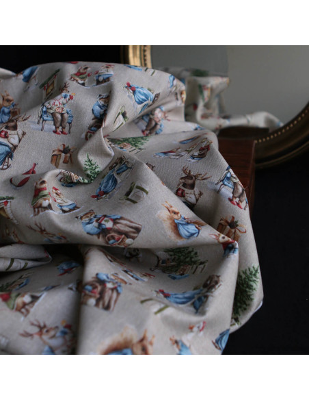 Toile de coton canvas motif animaux de noël fond beige