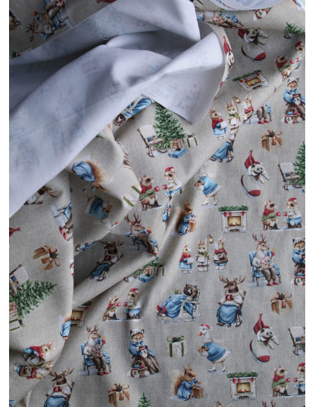 Toile de coton canvas motif animaux de noël fond beige