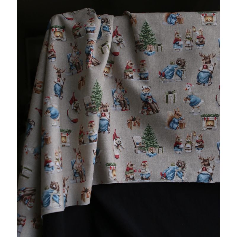Toile de coton canvas motif animaux de noël fond beige