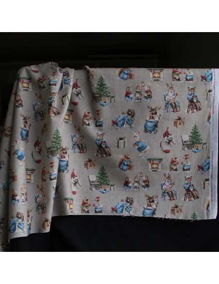 Toile de coton canvas motif animaux de noël fond beige