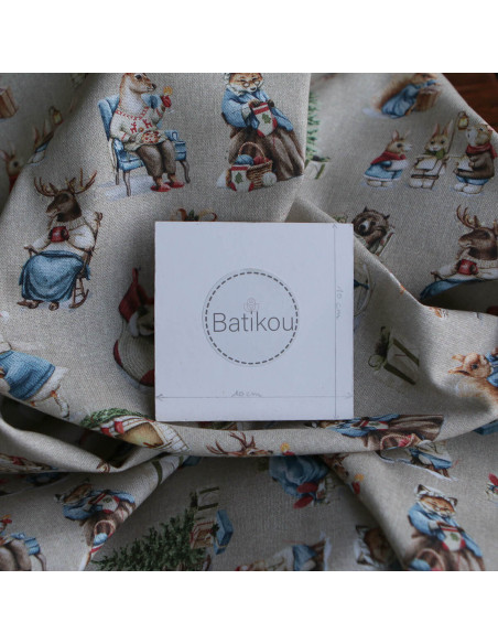 Toile de coton canvas motif animaux de noël fond beige