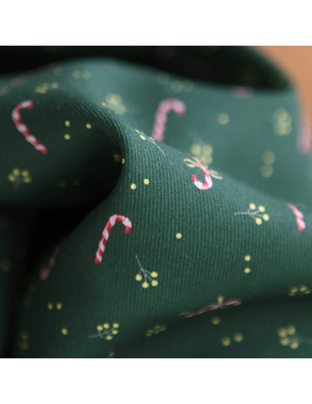 Tissu sergé de coton organique fond vert imprimé cannes à sucre