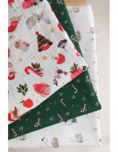 Tissu sergé de coton organique fond vert imprimé cannes à sucre