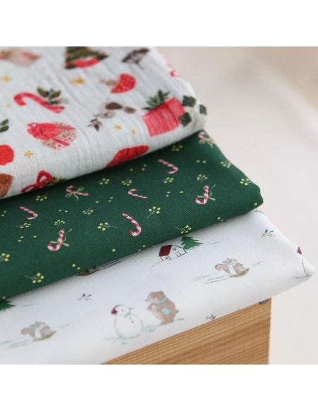 Tissu sergé de coton organique imprimé personnages d'hiver