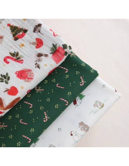 Tissu sergé de coton organique imprimé personnages d'hiver