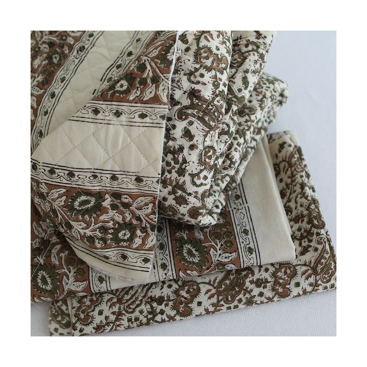 Neela - Tissu indien matelassé double face coton hand block teal largeur 100cm