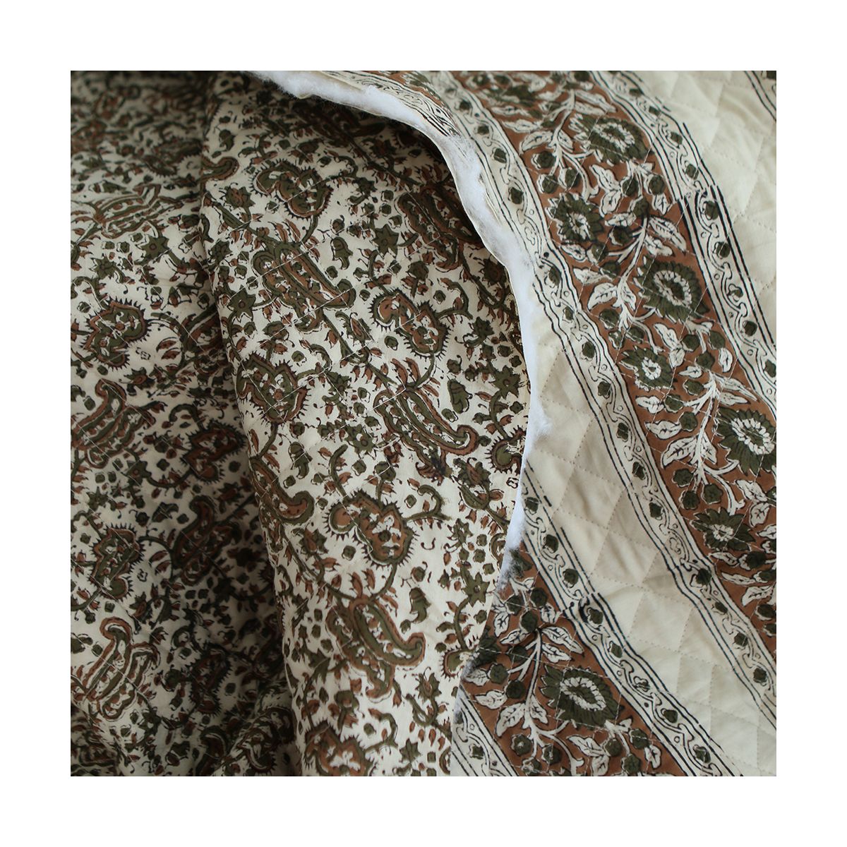 Neela - Tissu indien matelassé double face coton hand block teal largeur 100cm