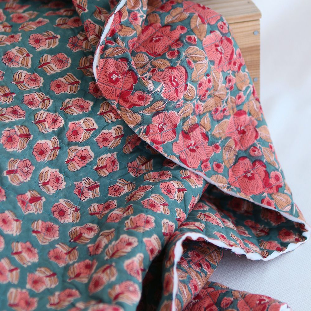 Sahar - Tissu indien matelassé double face coton hand block teal largeur 100cm