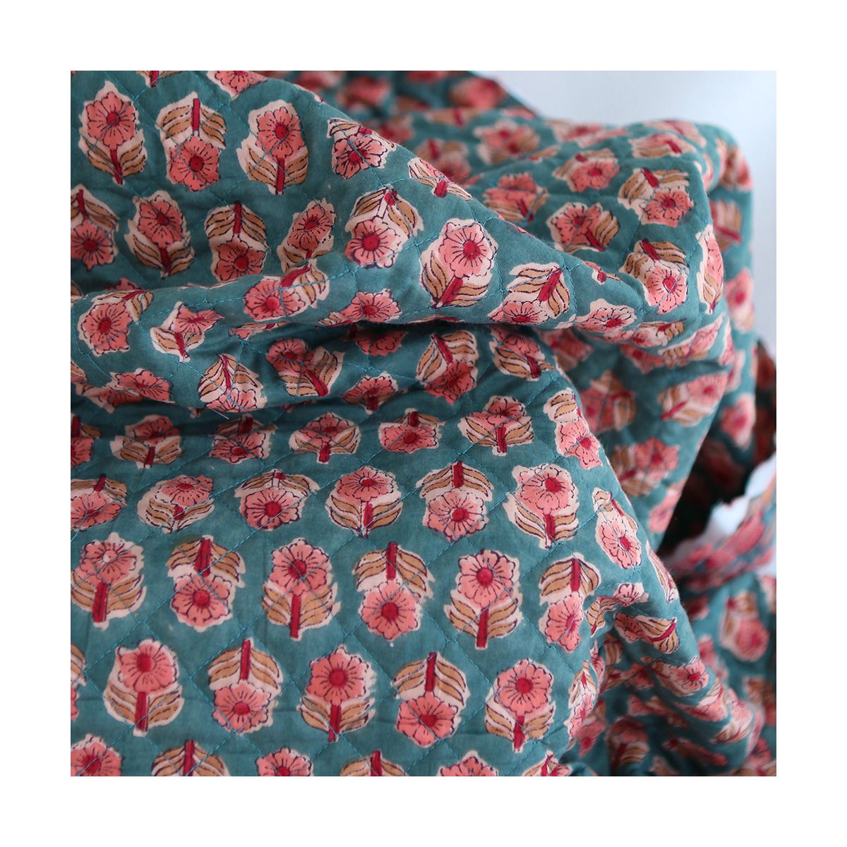 Sahar - Tissu indien matelassé double face coton hand block teal largeur 100cm