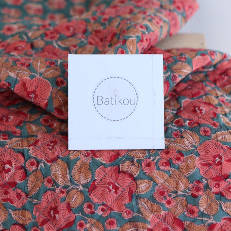 Sahar - Tissu indien matelassé double face coton hand block teal largeur 100cm