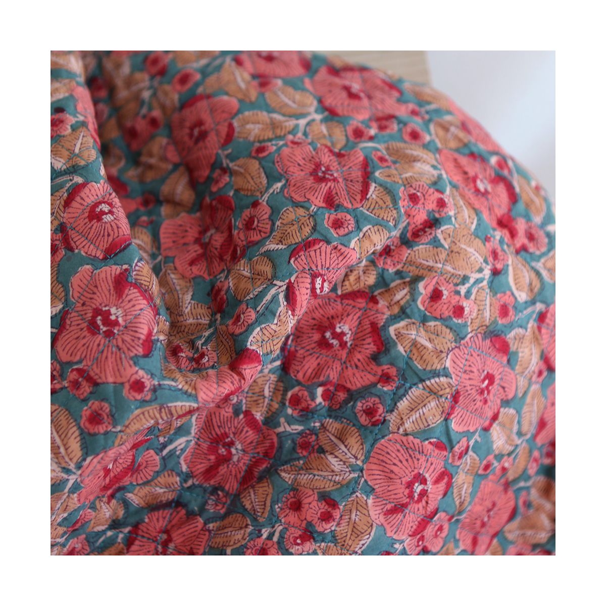 Sahar - Tissu indien matelassé double face coton hand block teal largeur 100cm