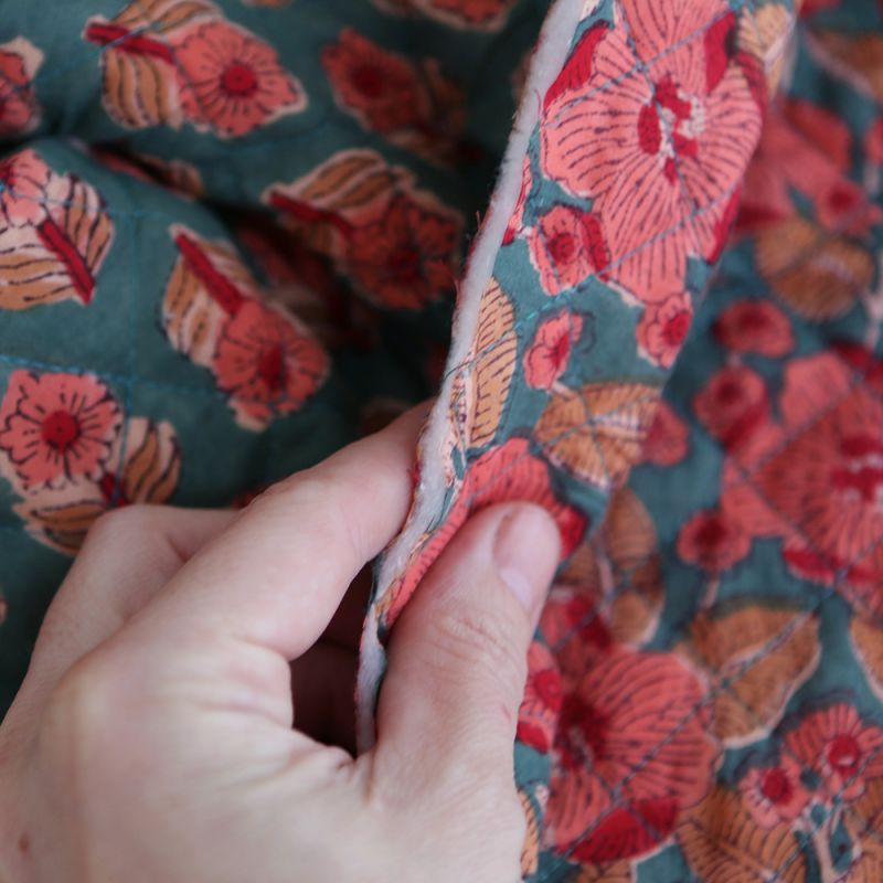 Sahar - Tissu indien matelassé double face coton hand block teal largeur 100cm