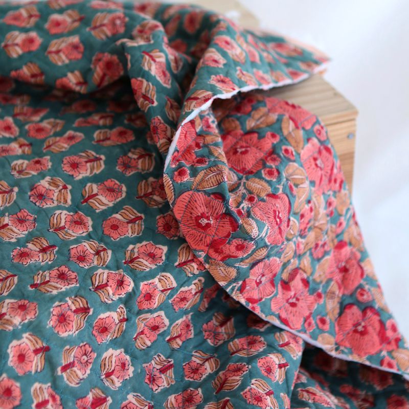 Sahar - Tissu indien matelassé double face coton hand block teal largeur 100cm