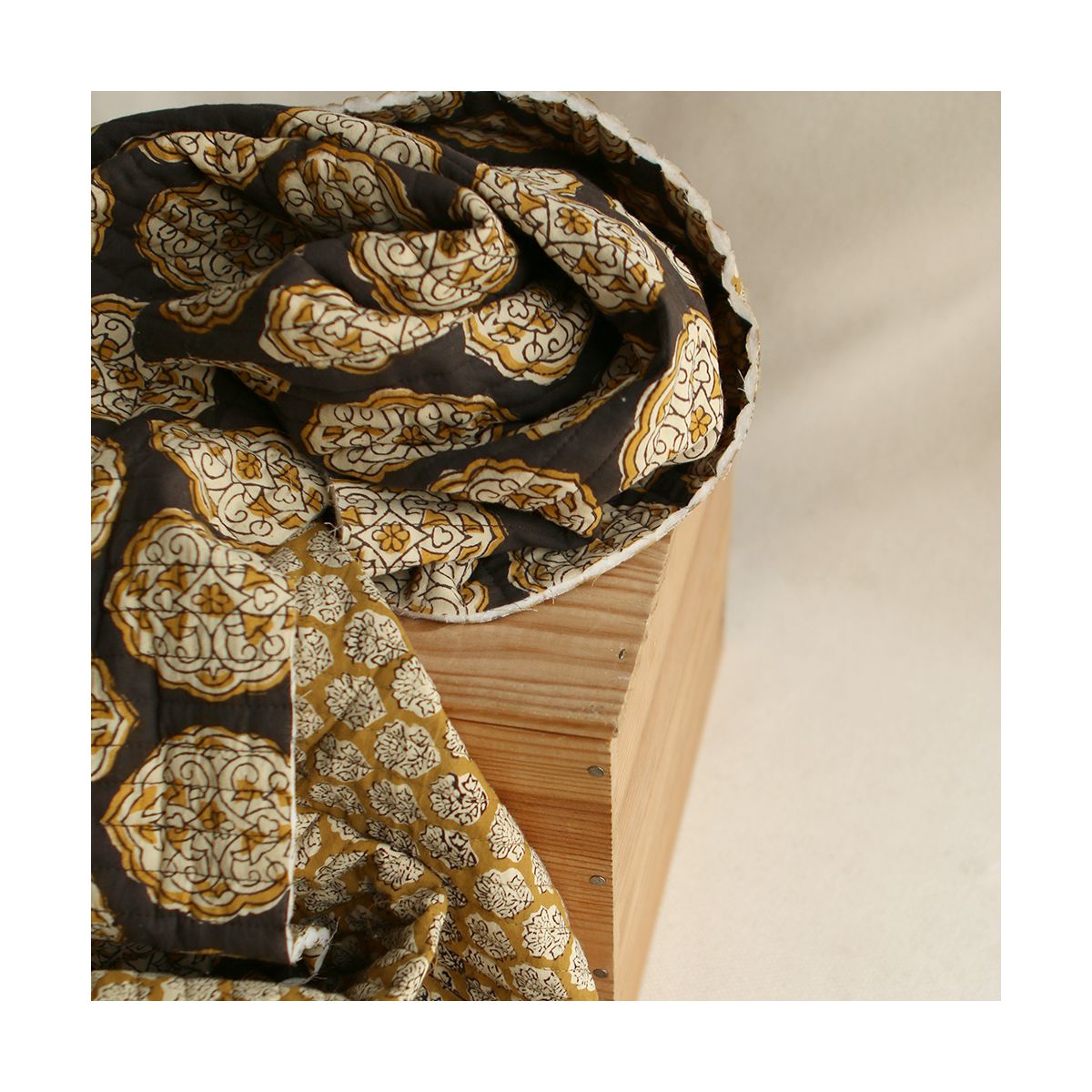 copy of Nisha & rayures - Tissu indien matelassé double face coton hand block teal largeur 100cm