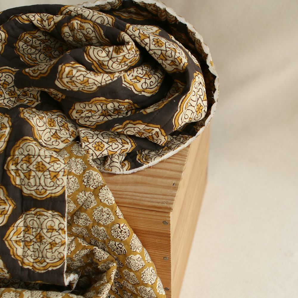 copy of Nisha & rayures - Tissu indien matelassé double face coton hand block teal largeur 100cm