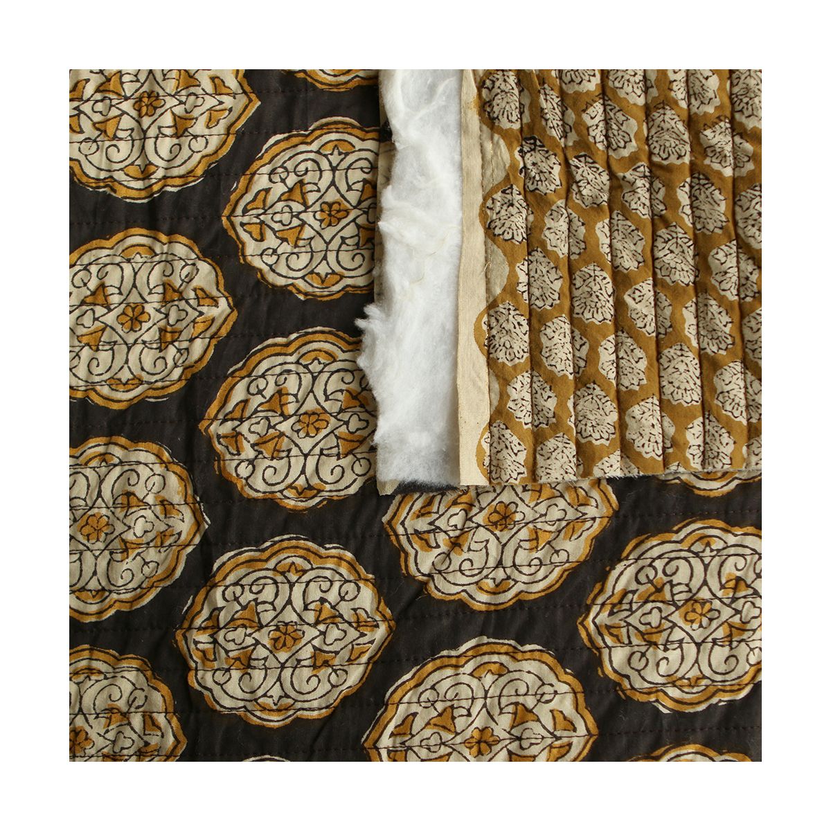 Rani & Pallavi - Tissu indien matelassé double face coton hand block teal largeur 100cm