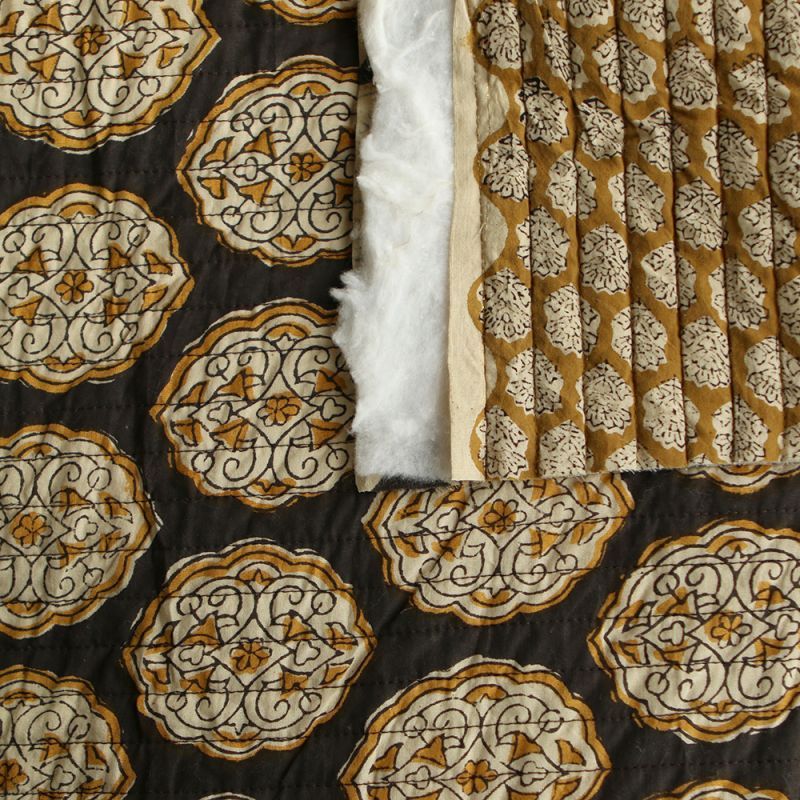 Rani & Pallavi - Tissu indien matelassé double face coton hand block teal largeur 100cm