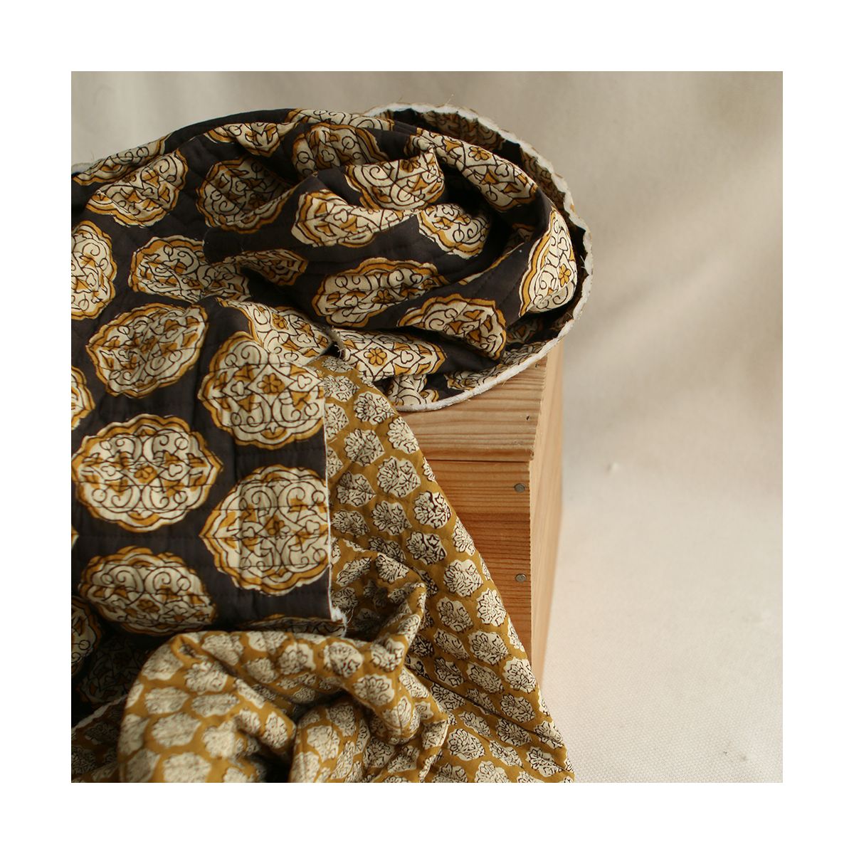 copy of Nisha & rayures - Tissu indien matelassé double face coton hand block teal largeur 100cm