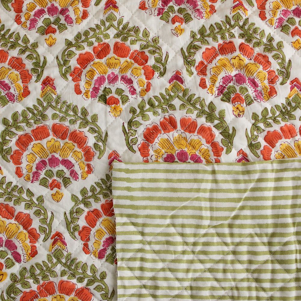 Ravi - Tissu indien matelassé double face coton hand block teal largeur 100cm