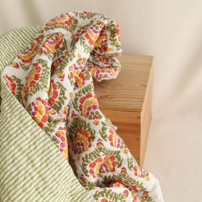 Ravi - Tissu indien matelassé double face coton hand block teal largeur 100cm