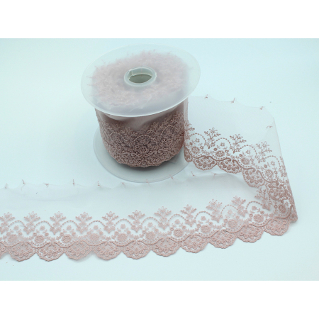 Galon dentelle tulle brodé 95mm x 1m rose poudré Galon dentelle tulle brodé 95mm x 1m rose poudré