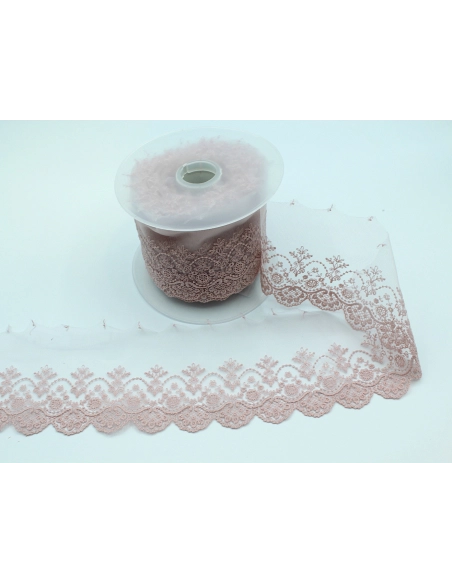 Galon dentelle tulle brodé 95mm x 1m rose poudré