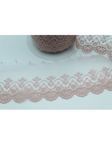 Galon dentelle tulle brodé 95mm x 1m rose poudré