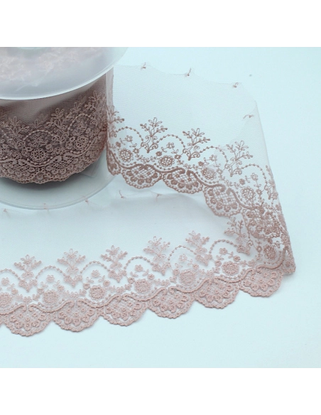 Galon dentelle tulle brodé 95mm x 1m rose poudré