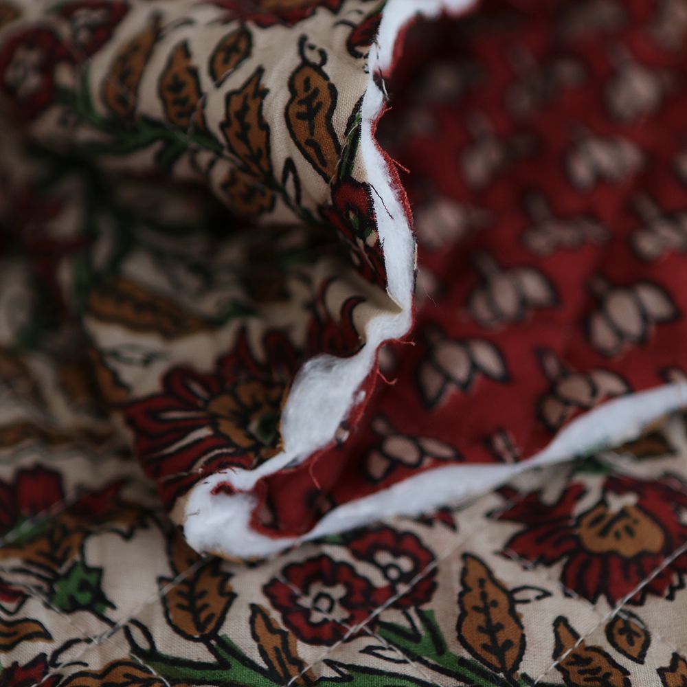 Mira - Tissu indien matelassé double face coton hand block teal largeur 100cm